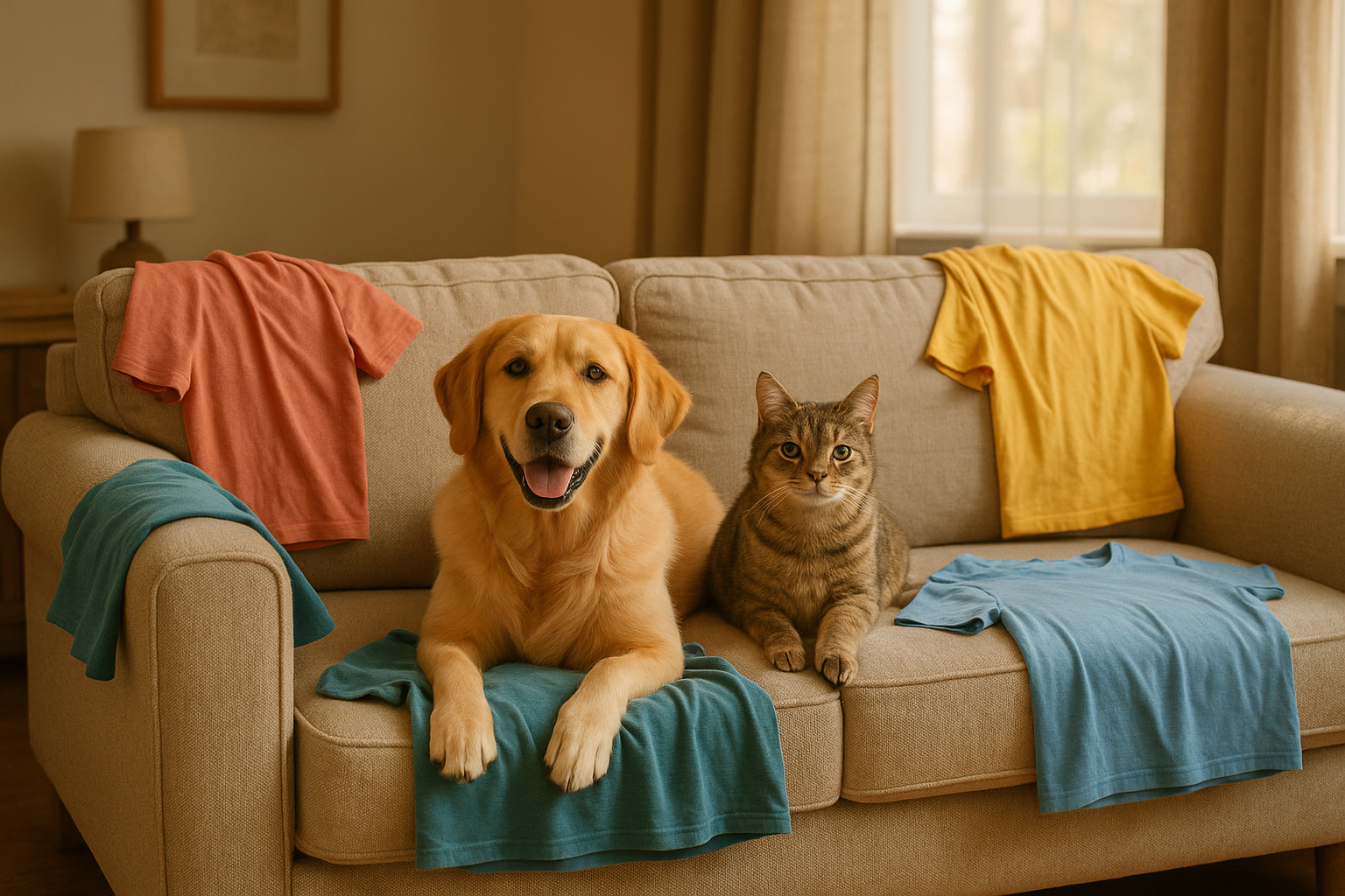 des animaux sur un canapé (chien + chat) et des t shirt sur le canape, car je vend un produit qui nettoie les textiles 